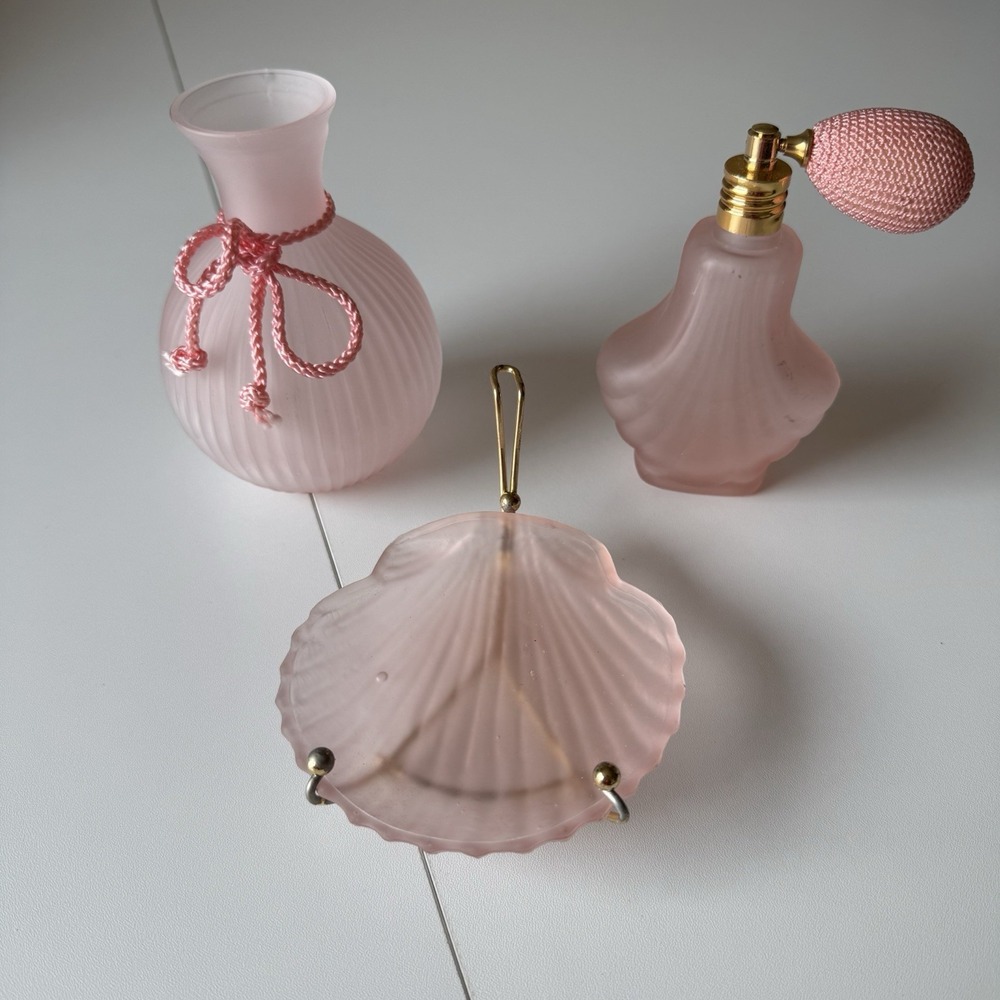 Vintage Pink Frosted Glass Perfume Bottle Soap Dish Vase Bathroom Accessories‎